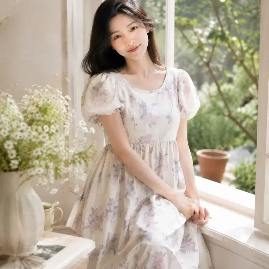 [BUNJANG] Floral Print Puff Sleeve Long Dress / 새상품 여리여리 수국같은원피스
