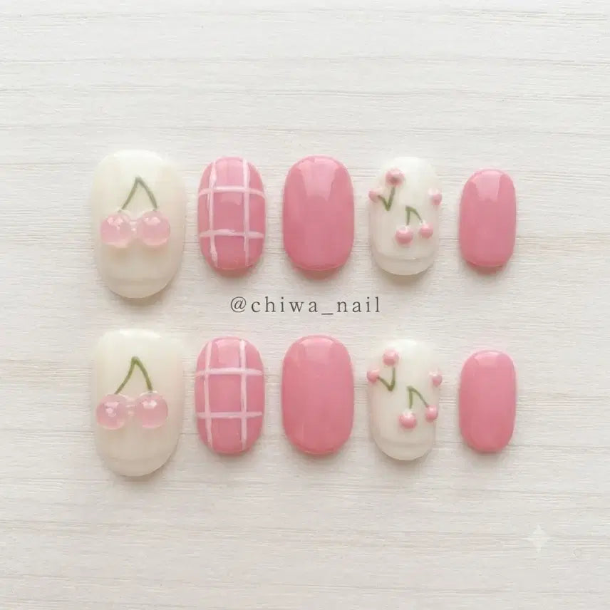 [BUNJANG] Custom Cherry Embossed Handmade Nail Tips / 주문제작 체리 엠보 수제네일팁