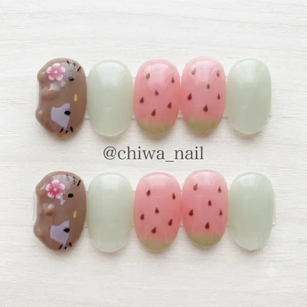 [BUNJANG] Custom Watermelon Tanning Kitty Handmade Nail Tips / 주문제작 수박 태닝키티 수제 네일팁