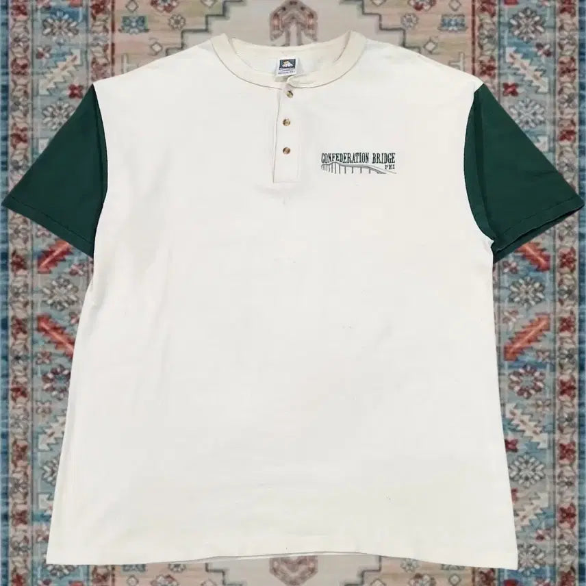 [BUNJANG] 90s Made in USA Cotton Deluxe Colorblock Henley T-Shirt XL / 90s Made in USA 코튼디럭스 배색 헨리넥 티셔츠 XL