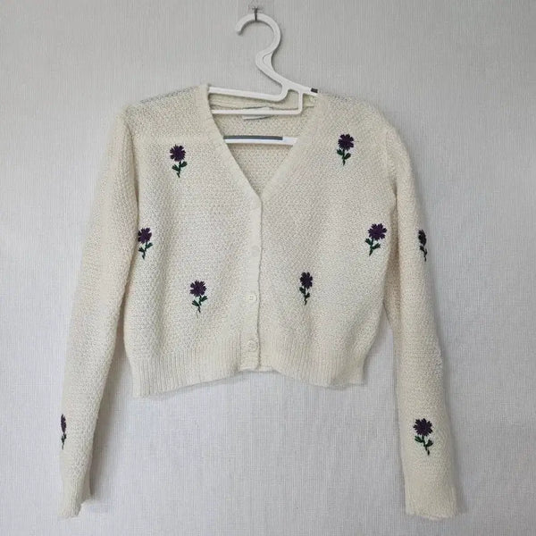 [BUNJANG] Flower Embroidery Crop Cardigan - Ivory / 플라워 자수 크롭 가디건 아이보리