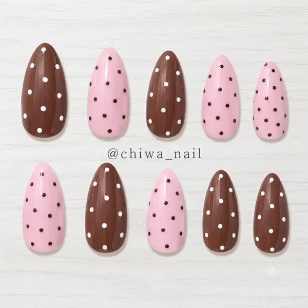 [BUNJANG] Custom Pink Brown Dot Handmade Nail Tips / 주문제작 핑크브라운 도트 수제네일팁