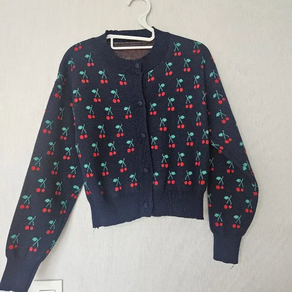 [BUNJANG] Cherry Pattern Cardigan Navy / 체리 패턴 가디건 네이비