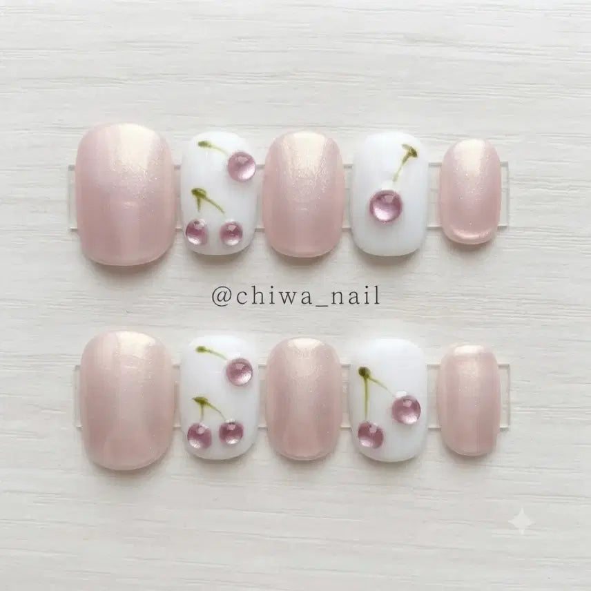 [BUNJANG] Custom Cherry Magnet Gel Handmade Nail Tips / 주문제작 체리 자석젤 수제네일팁