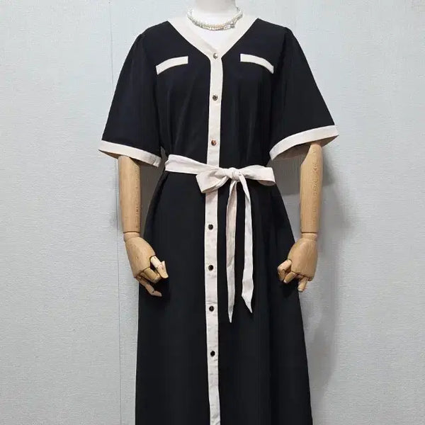 [BUNJANG] Black Beige Color Block Shirt Dress / 블랙 베이지 배색 셔츠형 원피스
