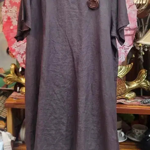 [BUNJANG] Women's 100% Linen Long Dress - Dark Gray with Floral Brooch / 여성마100프로롱 원피스 짙은 회색 꽃장식