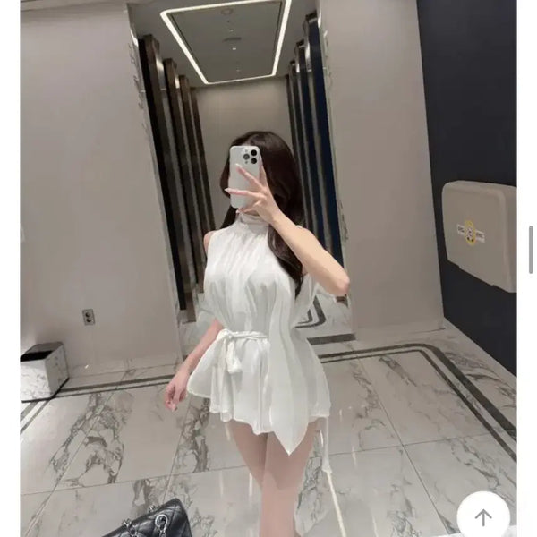 [BUNJANG] Elf Chiffon Tie Blouse Mini Dress / 엘프 쉬폰 타이 블라우스 미니원피스 환승연애 민소매 나시 홀터넥 에이블리 수입의류 예니랑샵