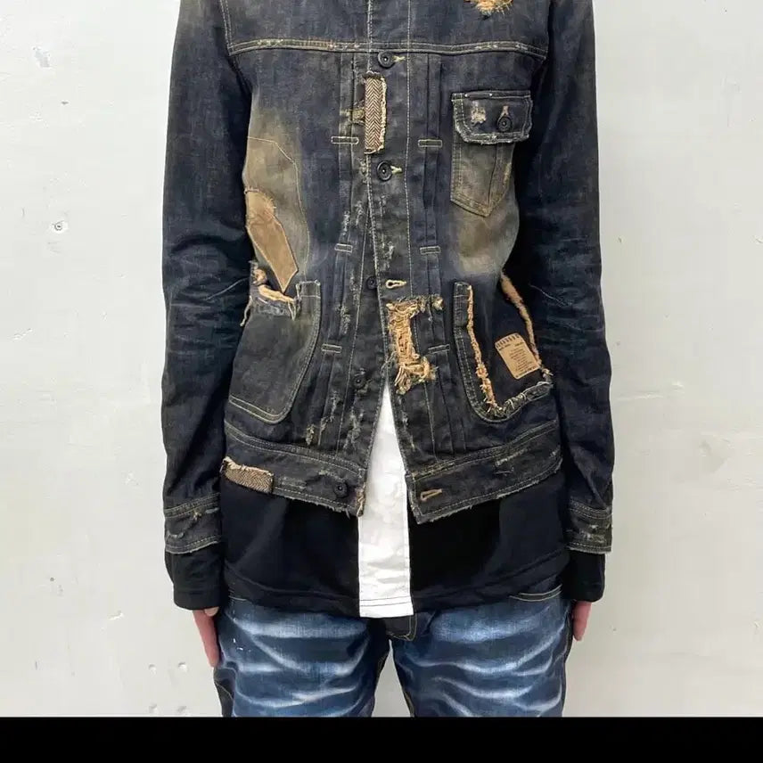 [BUNJANG] BUCKAROU Distressed Patchwork Washed Denim Jacket / 데님 자켓 빈티지 워싱 디스트로이드 패치워크 자켓