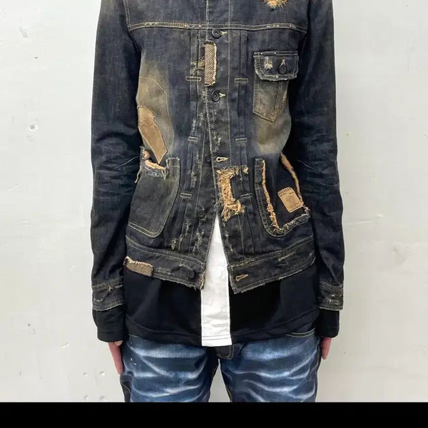 [BUNJANG] BUCKAROU Distressed Patchwork Washed Denim Jacket / 데님 자켓 빈티지 워싱 디스트로이드 패치워크 자켓