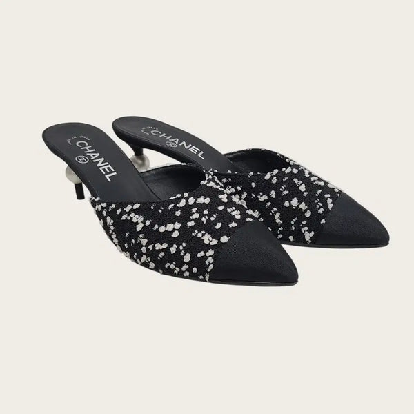 [BUNJANG] Chanel Black White Tweed Grosgrain Heel Shoes Size 37 / [37] 샤넬 블랙 화이트 트위드 그로그랭 힐 구두