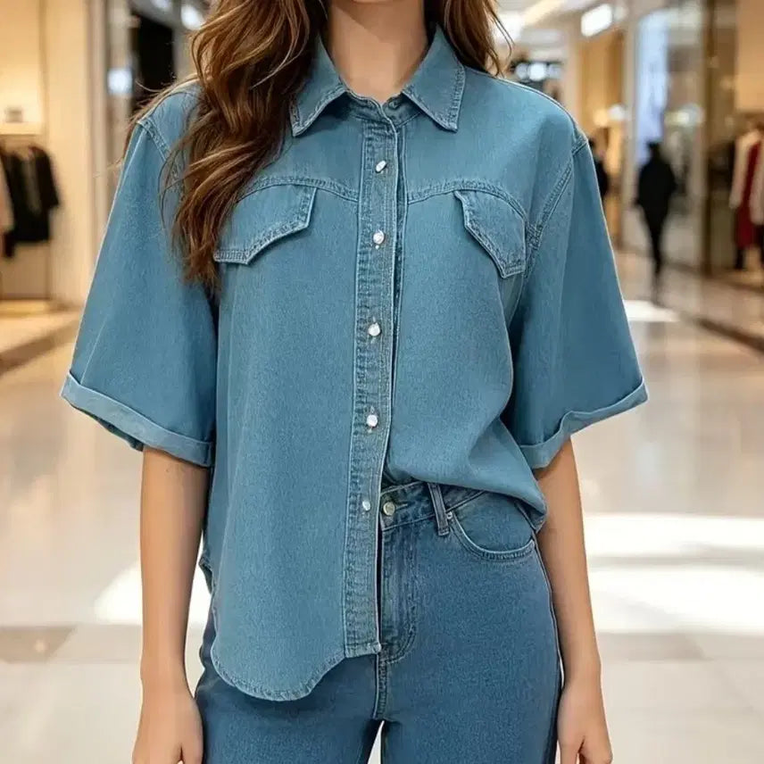 [BUNJANG] Oversized Fit Denim Short-Sleeve Shirt / 새상품 오버핏 청 데님 반팔 셔츠