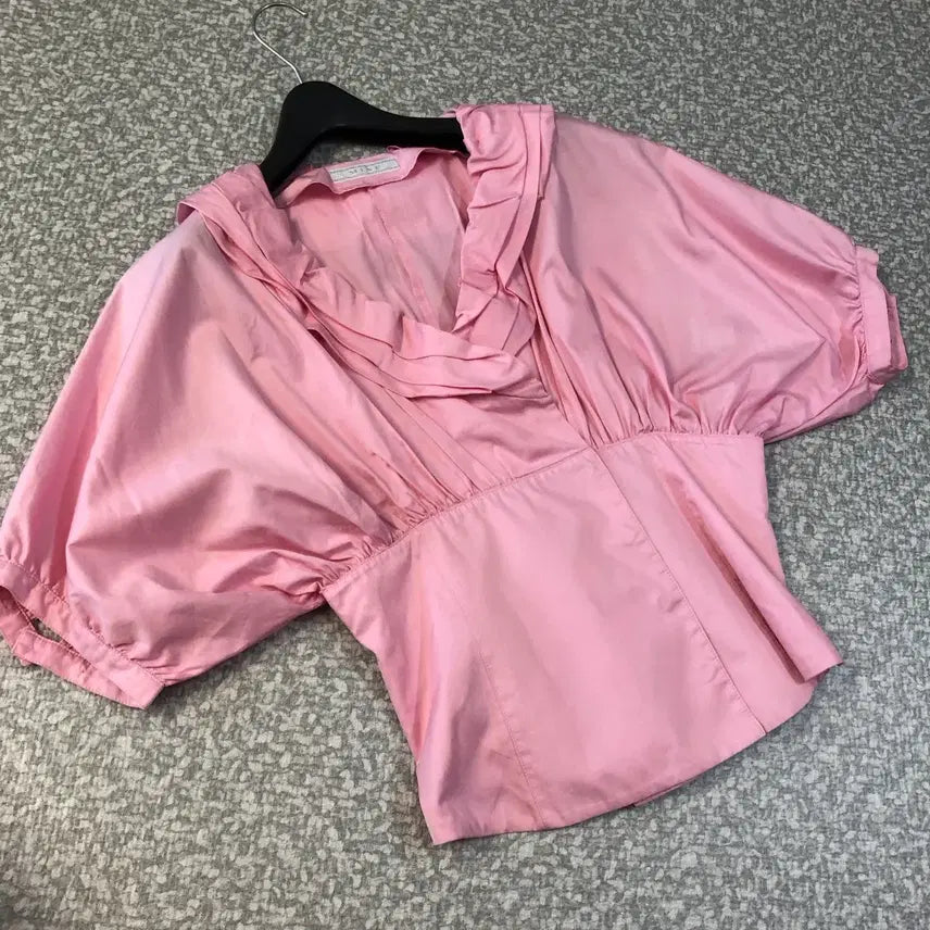 [BUNJANG] MINE Balloon Puff Pink Ribbon Blouse - 100% Cotton / 한섬 마인 MINE 벌룬 퍼프 핑크 리본 블라우스 셔츠 코튼100% 공주풍