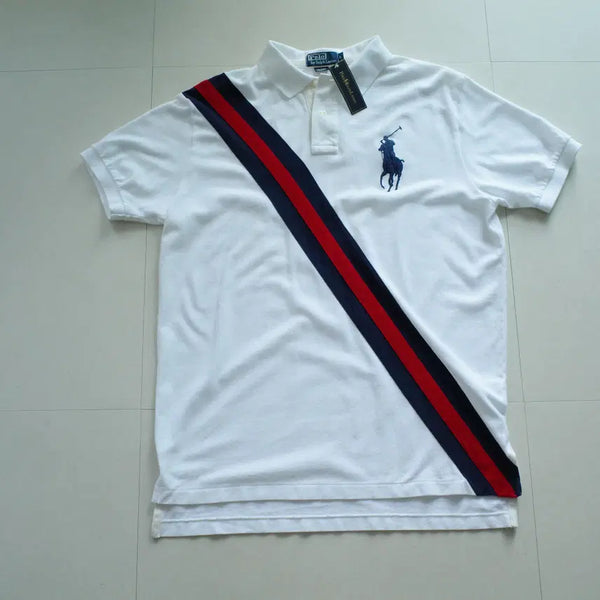 [BUNJANG] Unused 90s Old Polo Big Pony Diagonal Stripe Collar T-shirt L / [미사용 택채] 90s 올드폴로 빅포니 사선 배색 카라티 L