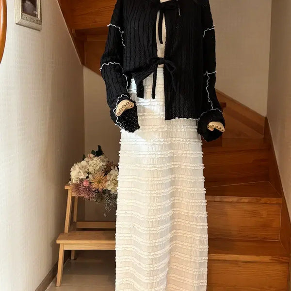 [BUNJANG] Black Ribbon Knit Cardigan and White Long Skirt Set / 블랙 리본 니트 가디건 + 화이트 롱 스커트