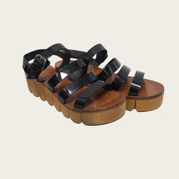 [BUNJANG] Chanel Black Patent Strap Wood Sandals Size 36 / [36] 샤넬 블랙 페이던트 스트랩 우드 샌들