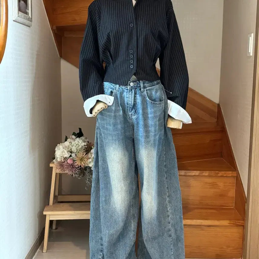 [BUNJANG] Striped Cropped Shirt / 줄무늬 크롭 셔츠