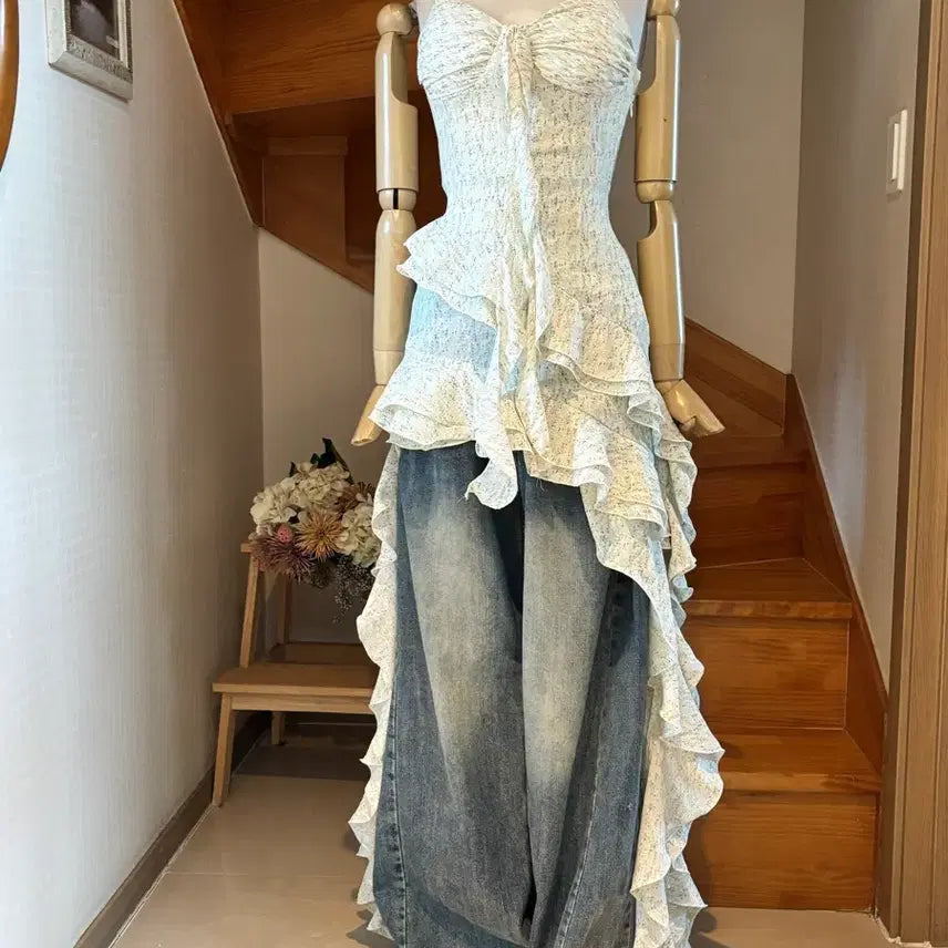 [BUNJANG] Pleated Frill Lace Long Dress / 주름 프릴 레이스 원피스