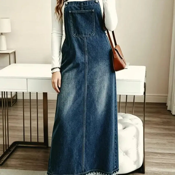 [BUNJANG] Denim Pinafore Maxi Dress / 새상품 청 데님 멜빵 원피스 롱 원피스