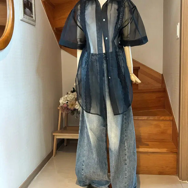 [BUNJANG] See-through Lace Long Organza Shirt / 시스루 레이스 롱 오간자 셔츠