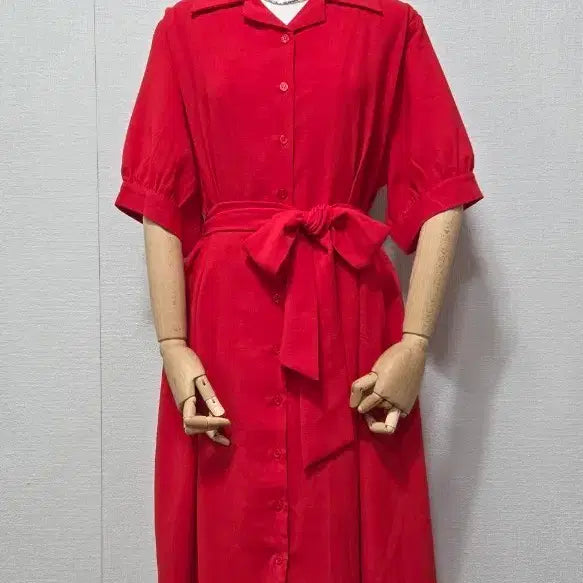 [BUNJANG] Red Short-Sleeve Shirt Dress with Ribbon Tie / 레드 반팔 셔츠형 원피스