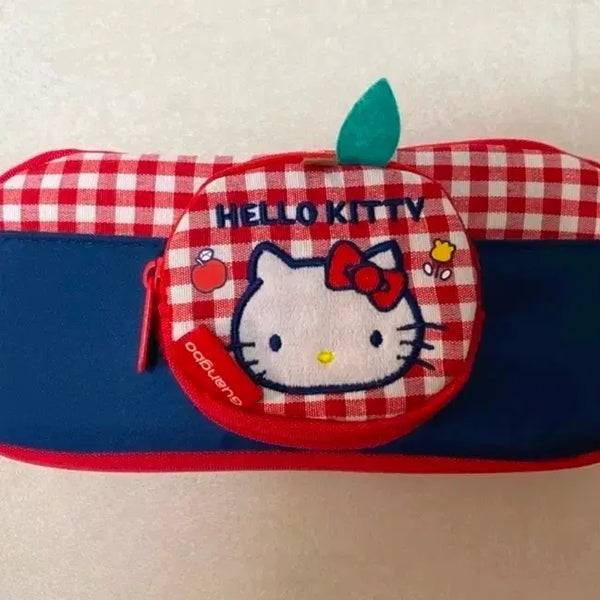 [BUNJANG] Sanrio Hello Kitty Navy Red Check Apple Pocket Pencil Case & Pouch / 수입 정품 산리오 네이비 레드체크 애플 포켓 헬로키티 필통&파우치