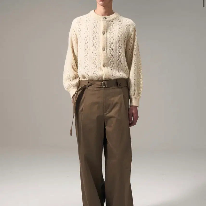 [BUNJANG] Noise Cotton Belted Wide Pants Beige / 노이스 코튼 벨티드 와이드 팬츠 베이지