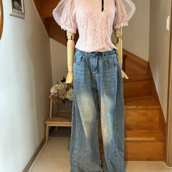 [BUNJANG] Pink Lace Puff Sleeve Blouse / 핑크 레이스 퍼프 소매 블라우스
