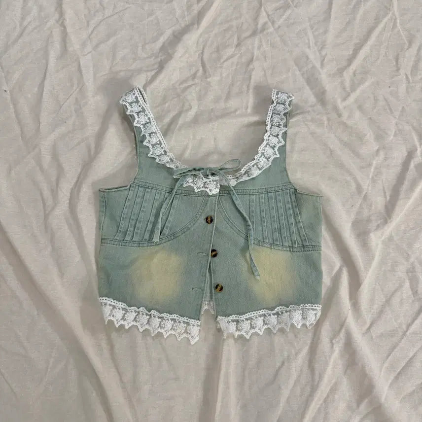 [BUNJANG] Y2K Lace Light Wash Denim Crop Bustier Vest / 모리걸 y2k 레이스 연청 데님 크롭 뷔스티에 조끼