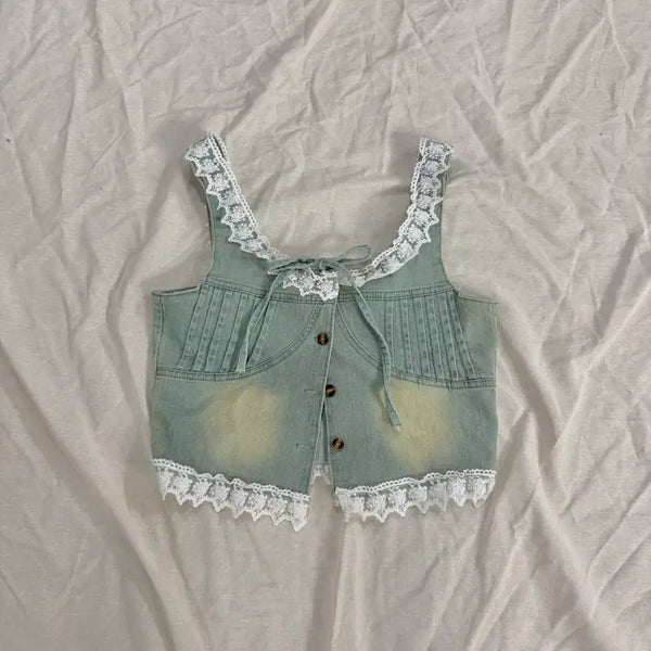 [BUNJANG] Y2K Lace Light Wash Denim Crop Bustier Vest / 모리걸 y2k 레이스 연청 데님 크롭 뷔스티에 조끼