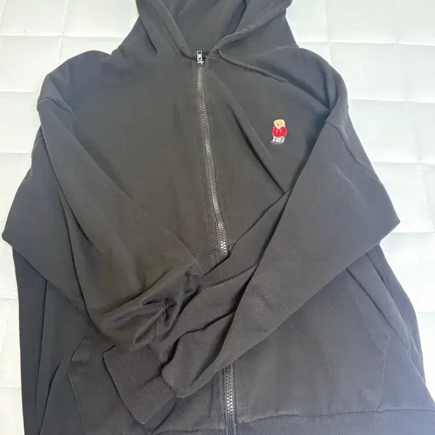 [BUNJANG] Bear Embroidery Hoodie Zip-Up Black / 블랙 후드 집업 곰돌이 자수 베어 후드티 검정