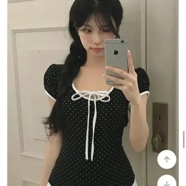[BUNJANG] Raspberry Dot Shirring Puff Short Sleeve T-shirt / 라즈베리 도트 셔링퍼프 반팔티