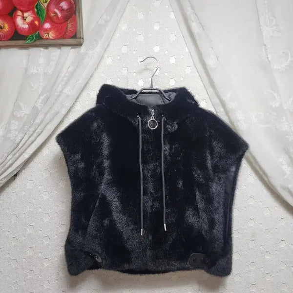 [BUNJANG] Black Mink Fur Hooded Vest Zip-Up (Women's Size 55-77) / 블랙 밍크모피 후드조끼집업 여성55~77