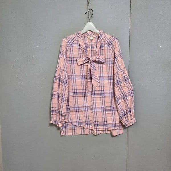[BUNJANG] Jucy Judy Check Ribbon Blouse Pink Blend / 쥬시쥬디 체크 리본 블라우스 85  n8416