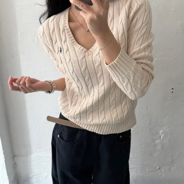 [BUNJANG] Polo Ralph Lauren New Ivory Cable V-Neck Knit - Women's S / Polo 폴로 랄프로렌 신형 아이보리컬러 케이블 브이넥 니트