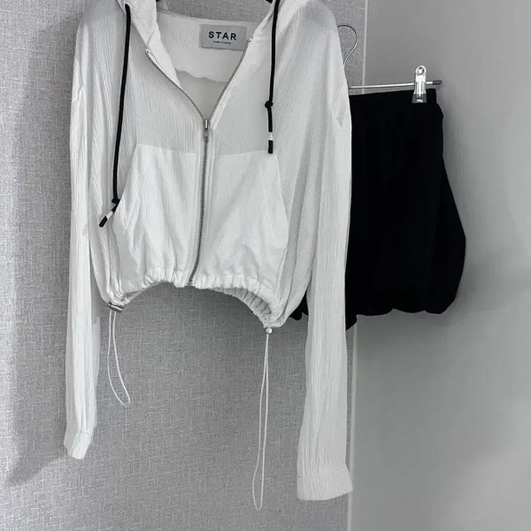 [BUNJANG] Summer See-Through Hooded Zip-Up and Banding Pumpkin Balloon Skirt Pants Two-Piece Set / 썸머 시스루 후드집업 / 밴딩 펌킨 벌룬 치마바지 투피스 세트