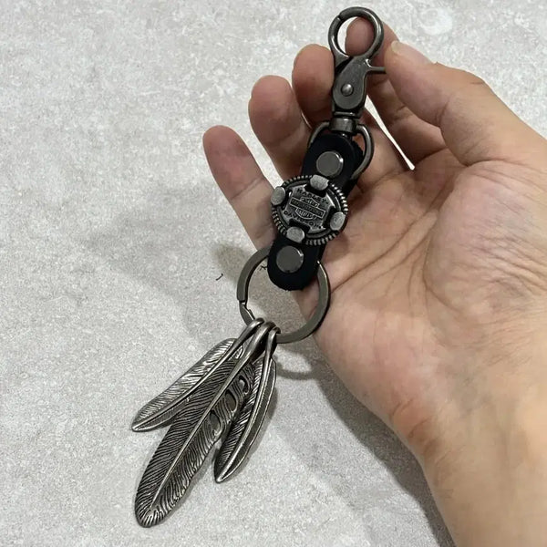 [BUNJANG] Harley-Davidson Buckle Stud Feather Italian Cow Leather Keyring / 할리데이비슨 버클 스터드 깃털 이태리 소가죽 키링 열쇠고리