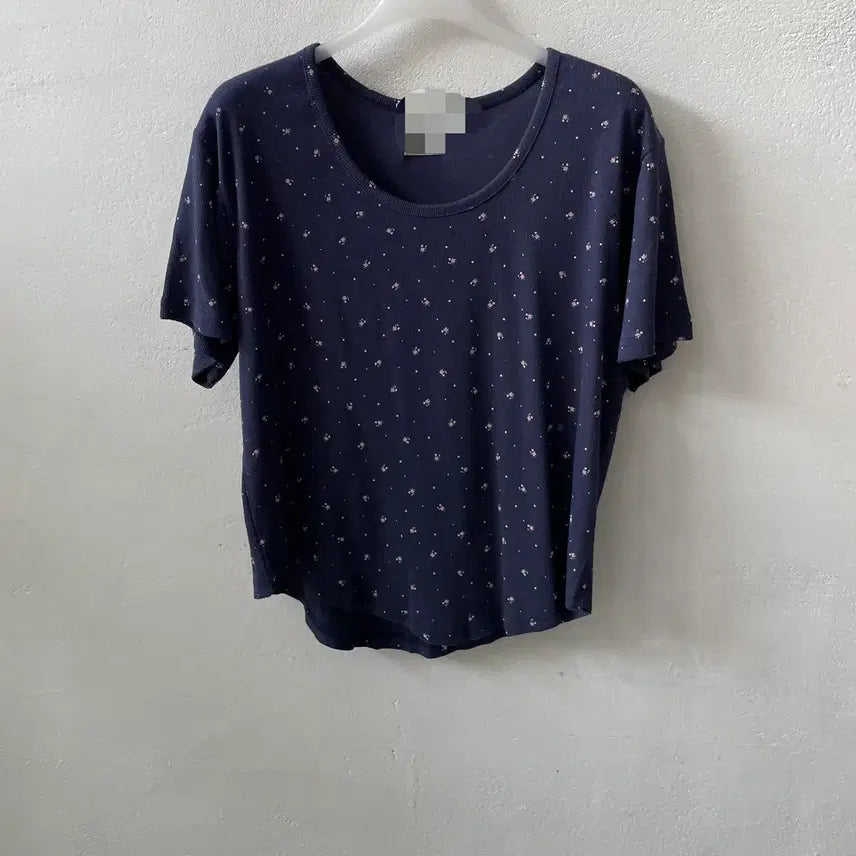 [BUNJANG] Flower Pattern Ribbed Short Sleeve T-Shirt Navy / 새상품 플라워 꽃 골지 네이비 반팔티셔츠