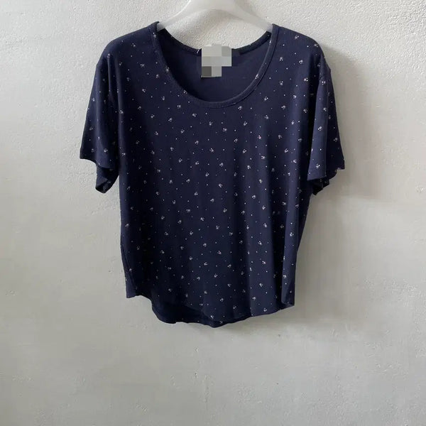 [BUNJANG] Flower Pattern Ribbed Short Sleeve T-Shirt Navy / 새상품 플라워 꽃 골지 네이비 반팔티셔츠