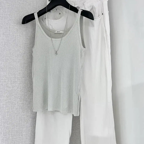 [BUNJANG] ModiFit Custom Summer Wide Pants Two-Piece Set / 민트 골지 슬리브리스 / 모디핏 자체제작 썸머 와이드 팬츠 투피스 세트