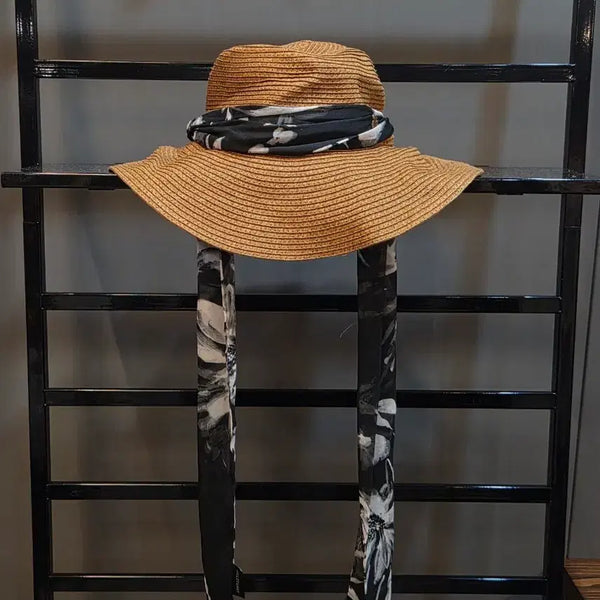 [BUNJANG] JILLSTUART Brown Paper Straw Hat with Floral Scarf / [FREE] 질스튜어트 브라운 페이퍼 스트로햇 플로럴 스카프 모자 2.9