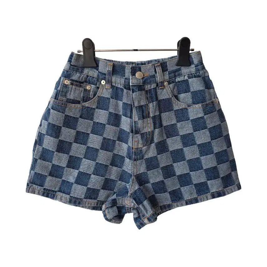 [BUNJANG] Checkerboard Denim Shorts - Blue - Size S / S/체커보드 데님 숏팬츠/새제품