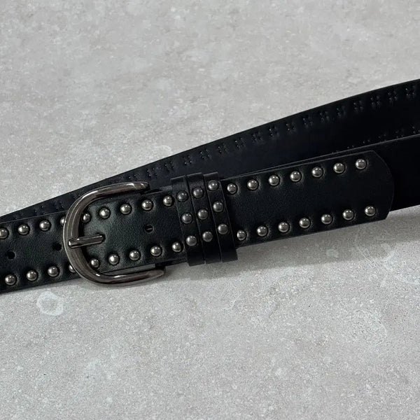 [BUNJANG] Two-Line Ball Stud Y2K Faux Leather Belt Black / 두줄 볼 스터드 y2k 가죽 벨트 블랙