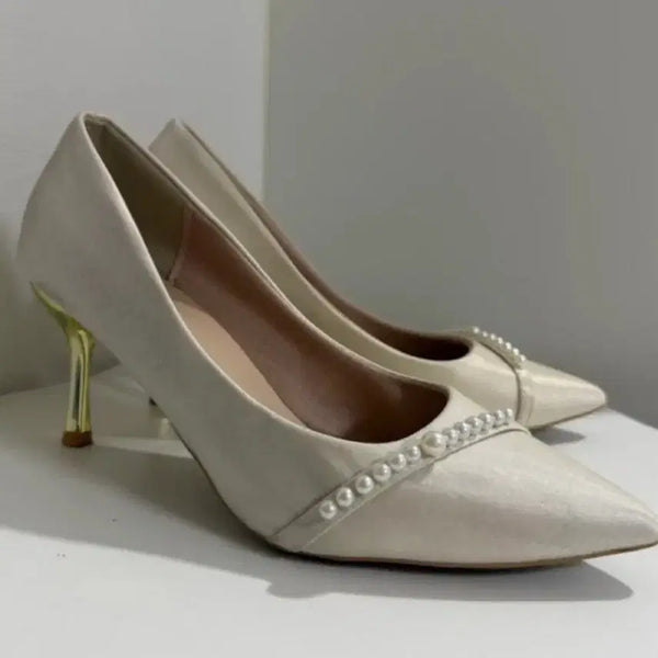 [BUNJANG] Satin White Pearl Heels 240mm / 새틴 화이트진주 힐 240mm