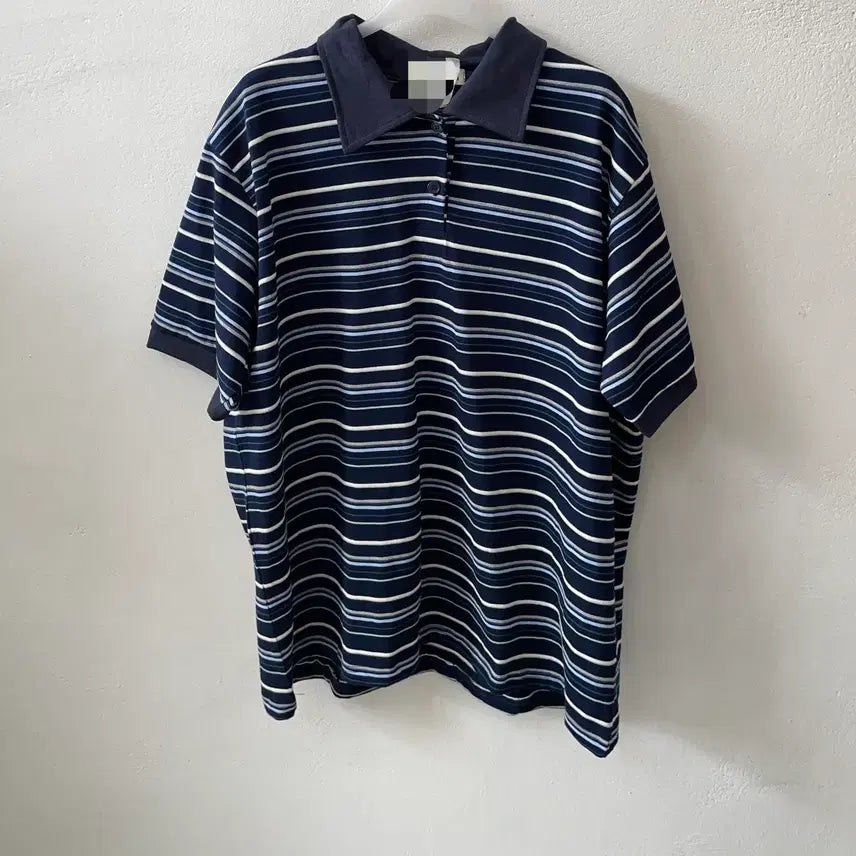 [BUNJANG] Striped Collar Oversized Short Sleeve T-Shirt / 새상품 스트라이프 카라 오버핏 반팔티셔츠