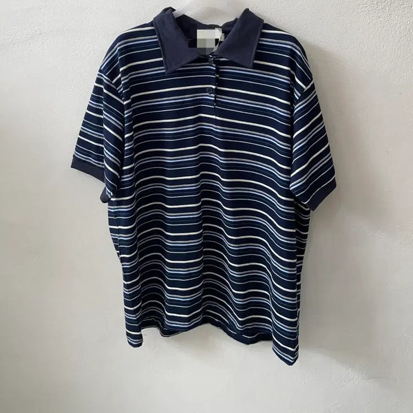 [BUNJANG] Striped Collar Oversized Short Sleeve T-Shirt / 새상품 스트라이프 카라 오버핏 반팔티셔츠