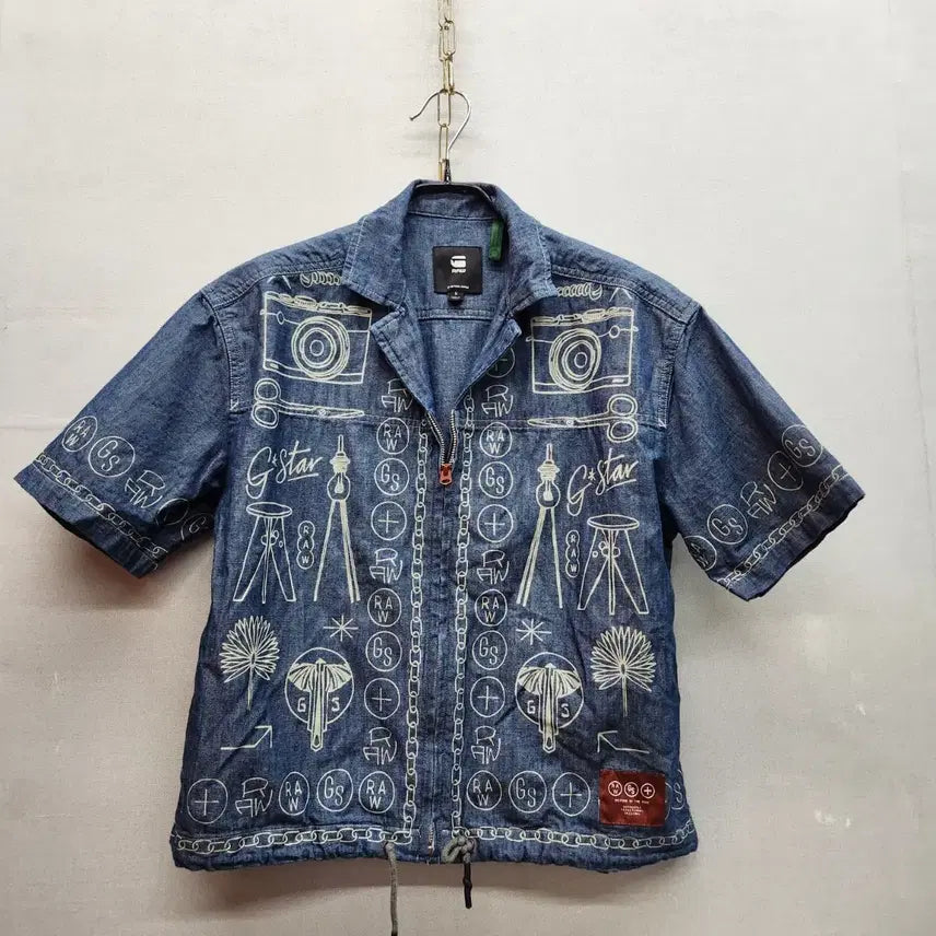 [BUNJANG] Zstarow Unique Graphic Denim Half-Zip Up Jacket / 지스타로우 유니크 그래픽 데님 반팔집업 자켓 S(M)