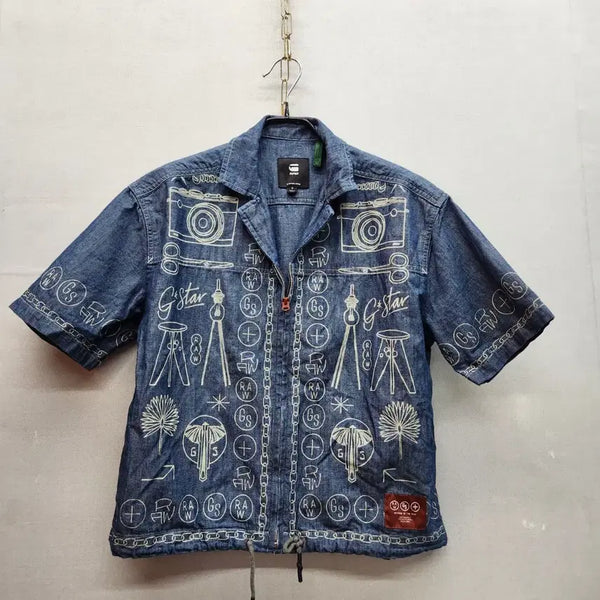 [BUNJANG] Zstarow Unique Graphic Denim Half-Zip Up Jacket / 지스타로우 유니크 그래픽 데님 반팔집업 자켓 S(M)