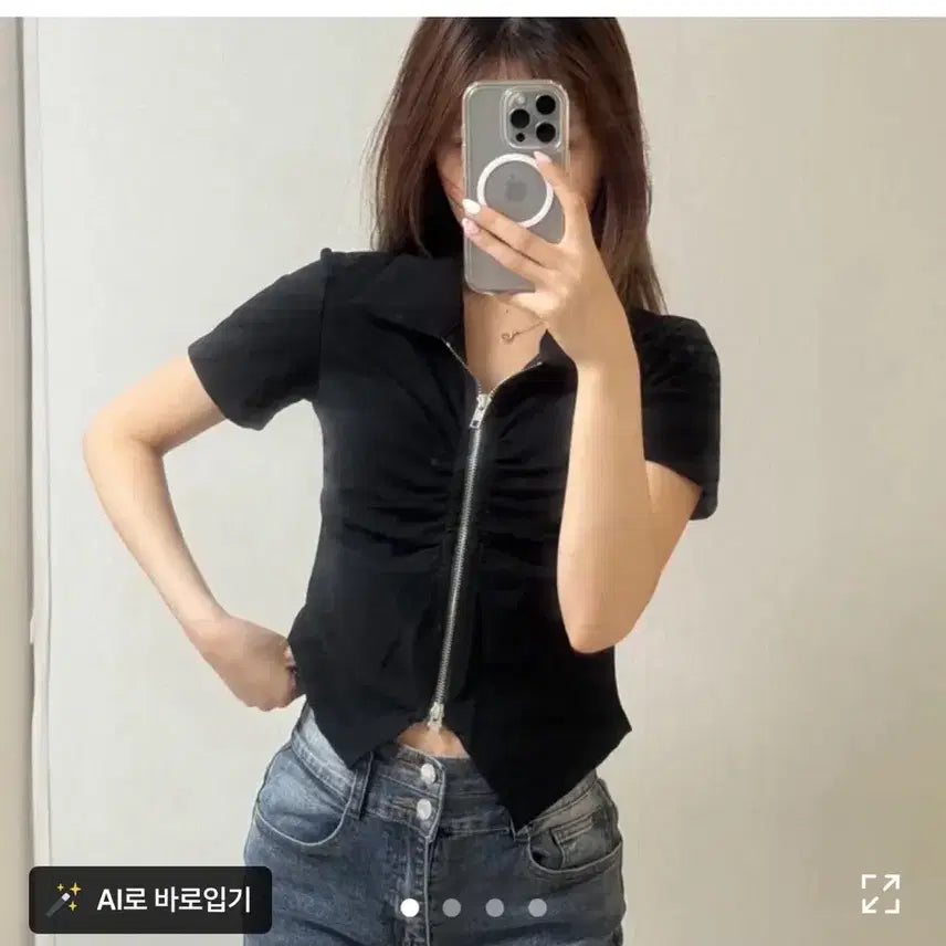 [BUNJANG] Front Zipper Shirring Black Short Sleeve T-Shirt / 프론트 지퍼 셔링 블랙 반팔 에이블리