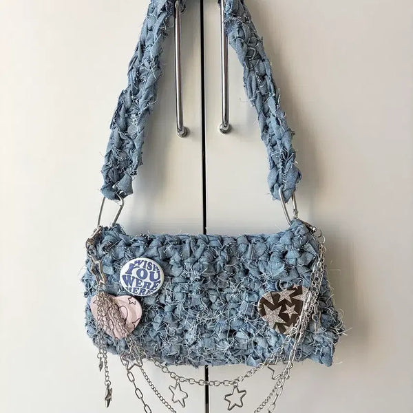 [BUNJANG] Y2K Vintage Denim Crochet Bag with Charms / 데님백 뜨개가방 y2k 빈티지