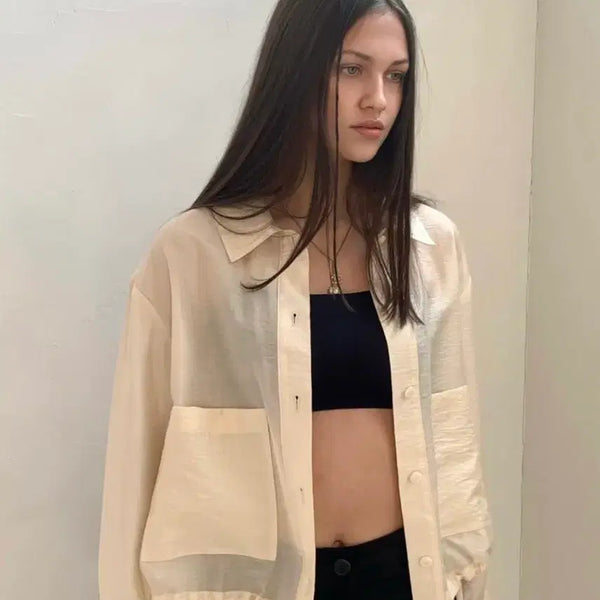 [BUNJANG] Ovnier Sheer String Jumper - Beige / 오브네어 ovneir 쉬어 블라우스